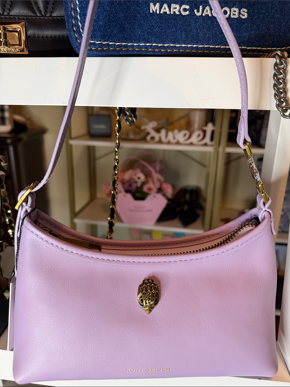 Kurt Geiger Lilac Leather Shoulder Bag with Gold Tone Hardware NWT